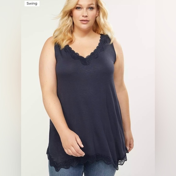 Lane Bryant Swing Tank Size 14/16 Shark Bite Lace V-neck Tunic Top Navy Blue - Picture 1 of 13